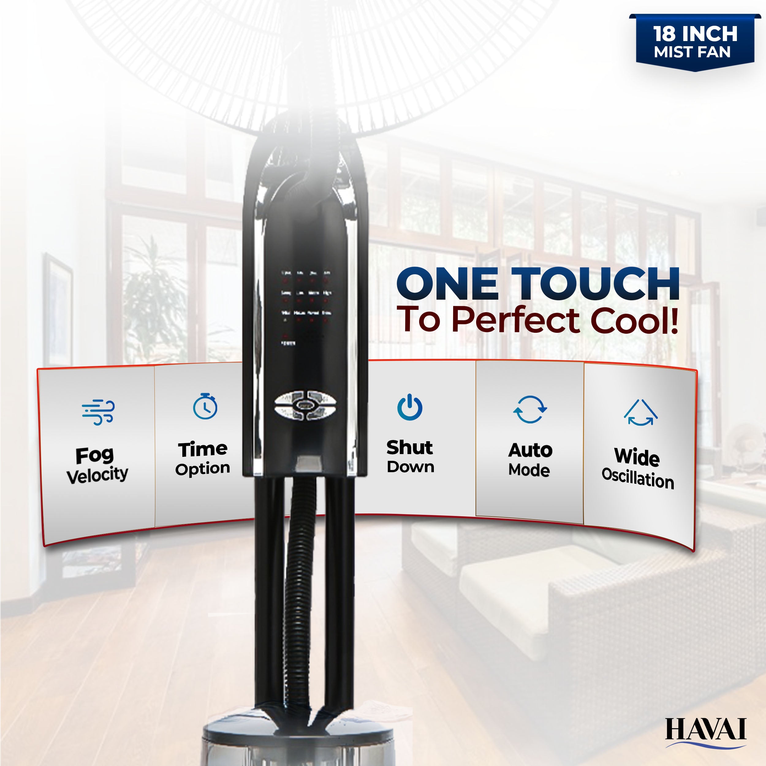 HAVAI RED 18" BLDC Mist Pedestal Fan – High-Speed, Remote &amp; Touch Control, 3.2L Tank, 80W Power, 350 Sq Ft Coverage, Easy Install, Black (Copy)
