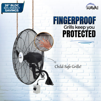 HAVAI BLDC Wall Mount Fan 26 inch, 50% Savings on Electricity, High Velocity, Heavy Duty Metal for Industrial, Commercial and Residential Use, Assembly Included