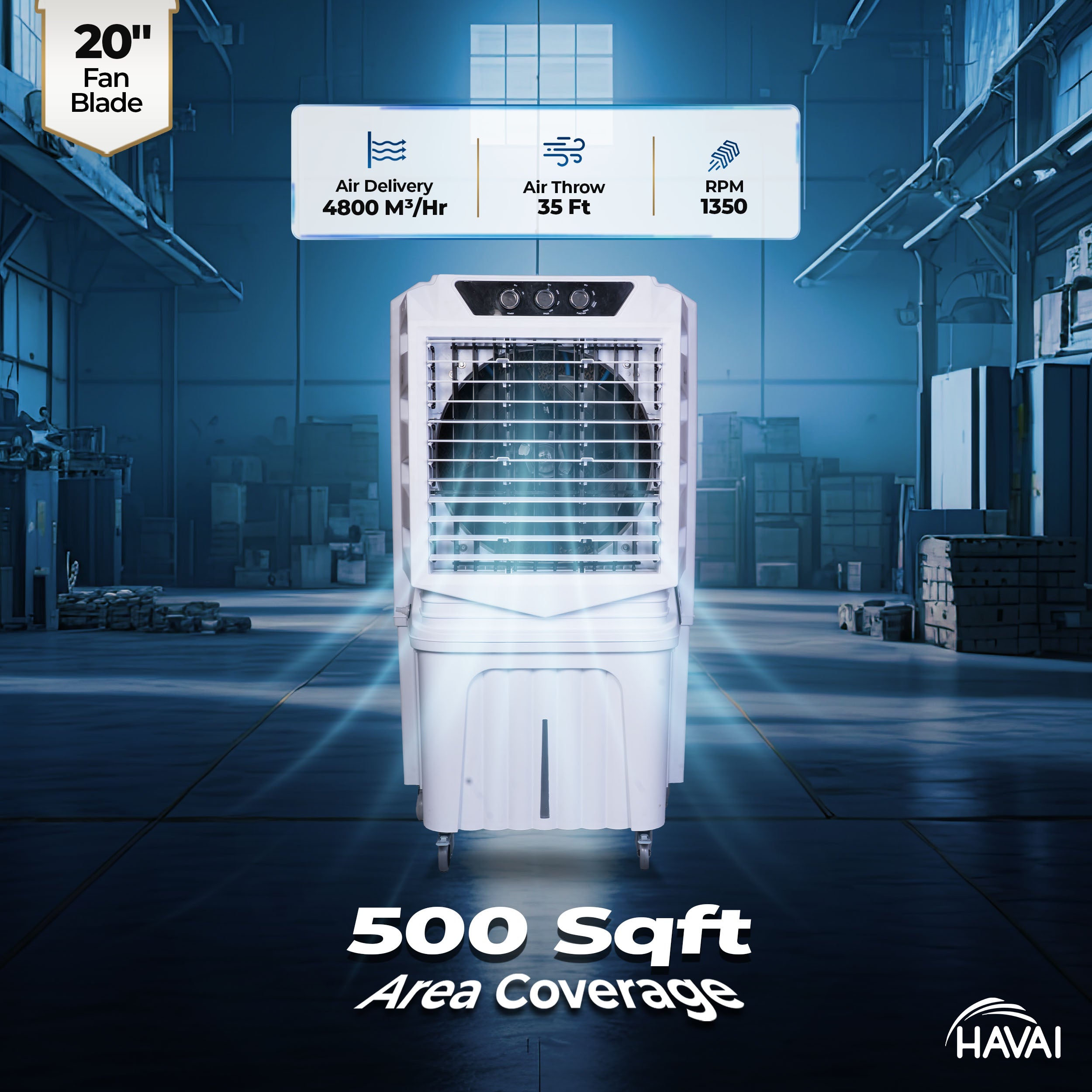 HAVAI Arizona 20 Desert Air Cooler | 120L Water Tank | 20-Inch Metal Blade | 4800 m³/hr Air Delivery | 35 Ft Air Throw | Double Bearing Low Noise Motor | Thick Honeycomb Pads | Covers up to 500 Sq Ft | 1 Year On-Site Warranty