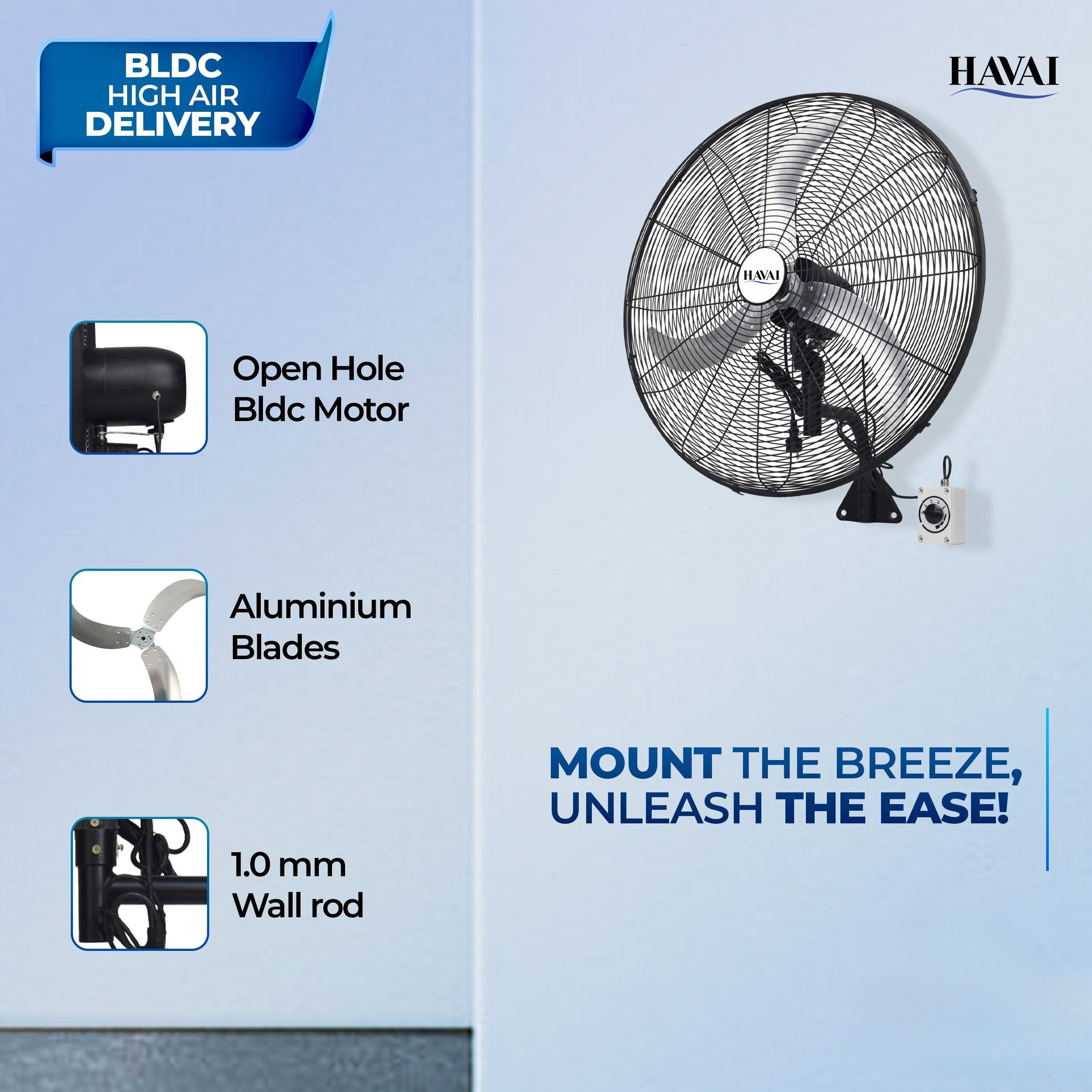 Havai 30" BLDC High-Speed Wall-Mount Fan – 3-Blade Design, Energy Efficient (20W-135W), 700-1400 RPM, 18,000 M³/Hr Airflow, 75-Foot Air Throw, 4-Speed Control, 2-Year Warranty