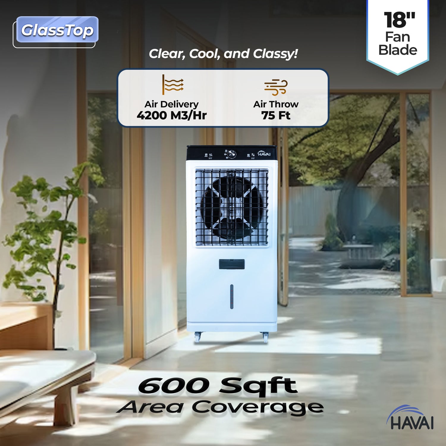 HAVAI Premium Glass Top GT 18 Air Cooler | 90L Tank Capacity | 18&quot; Fan Blade | 250W Power | 75ft Air Throw | 3-Side Honeycomb Cooling | Sleek Glass Top Design | 4 Castor Wheels