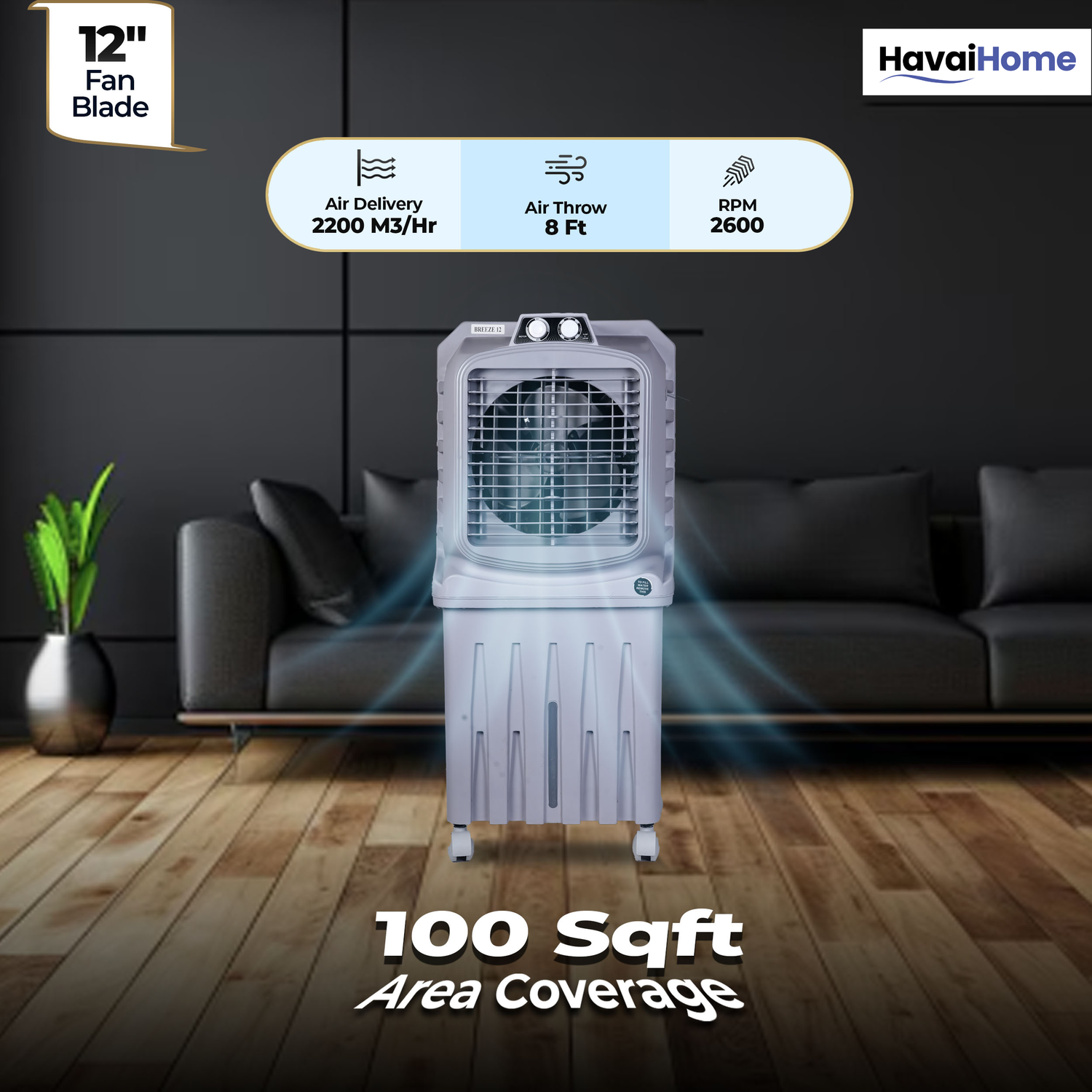 HAVAI Breeze-12 Personal Air Cooler | 50L Tank | 12″ Blade | Ideal for 100 sq ft Rooms | 98W Power | 8 ft Air Throw | 2600 RPM | Auto-Louver | 3-Speed | 1-Year On-Site Warranty (Grey)