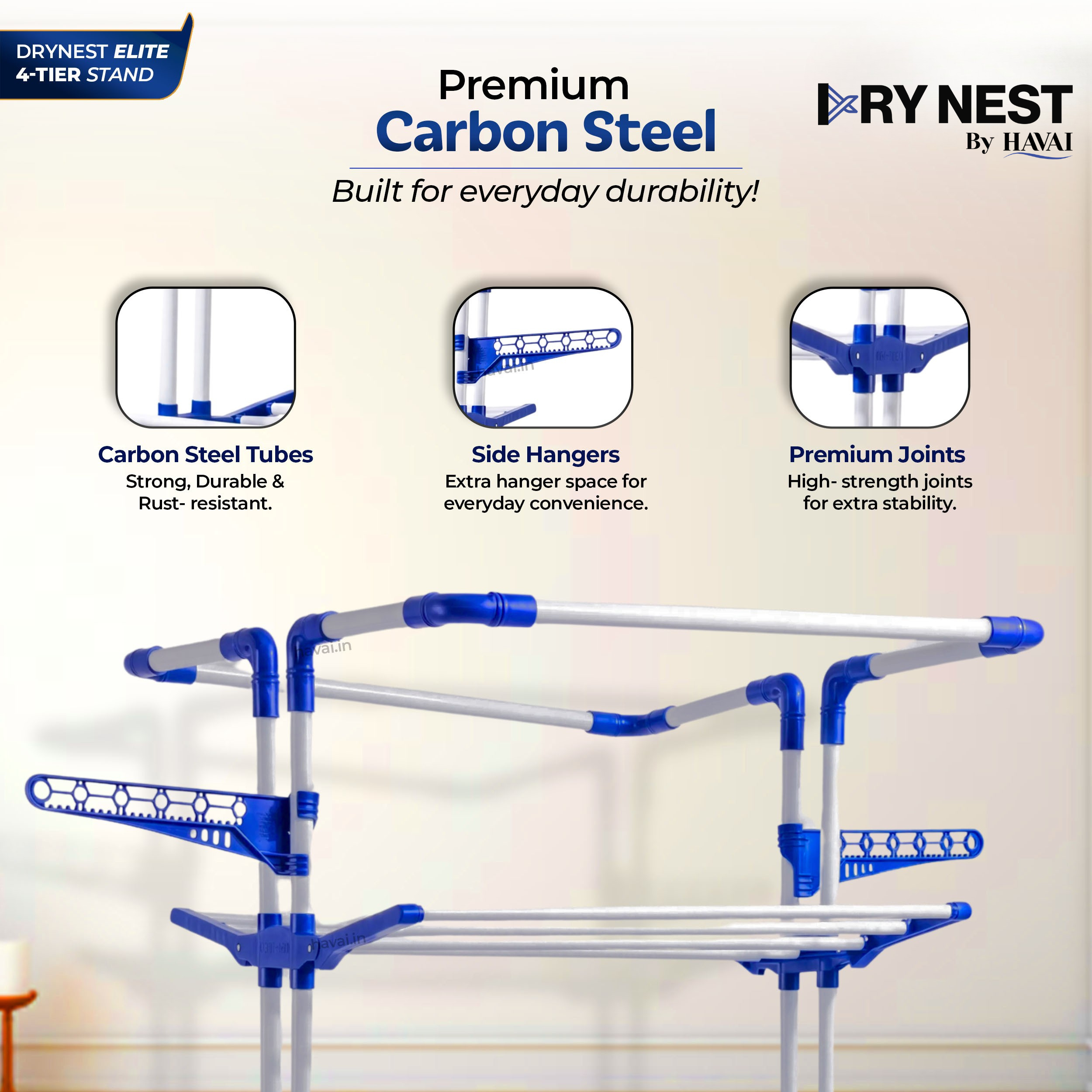 HAVAI Premium 4 Tier Stainless Steel Foldable Clothes Drying Stand with 6 Wheels | Heavy Duty Laundry Drying Rack for Indoor &amp; Outdoor Use | Rust Resistant | Space Saving Design
