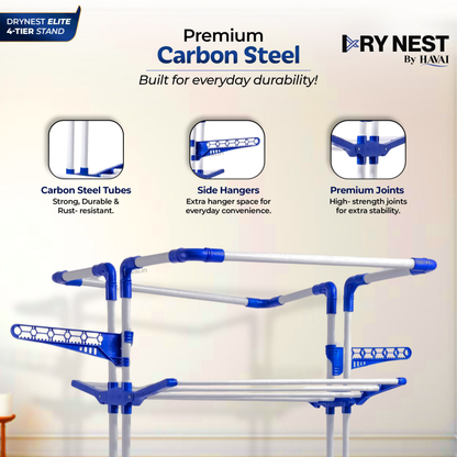 HAVAI Premium 4 Tier Stainless Steel Foldable Clothes Drying Stand with 6 Wheels | Heavy Duty Laundry Drying Rack for Indoor &amp; Outdoor Use | Rust Resistant | Space Saving Design