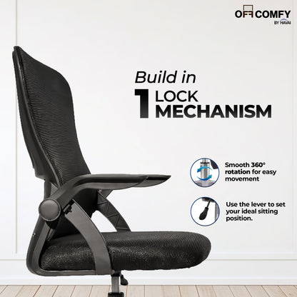 HAVAI Aero Black Ergonomic Office Chair | Premium Net Cloth Fabric | Reclining &amp; Folding Back | 60D Recycled Foam + 24D Virgin Cotton | Nylon Armrests | Class 2 Gas Lift | 310 Nylon Base | 2-Inch Smooth Wheels