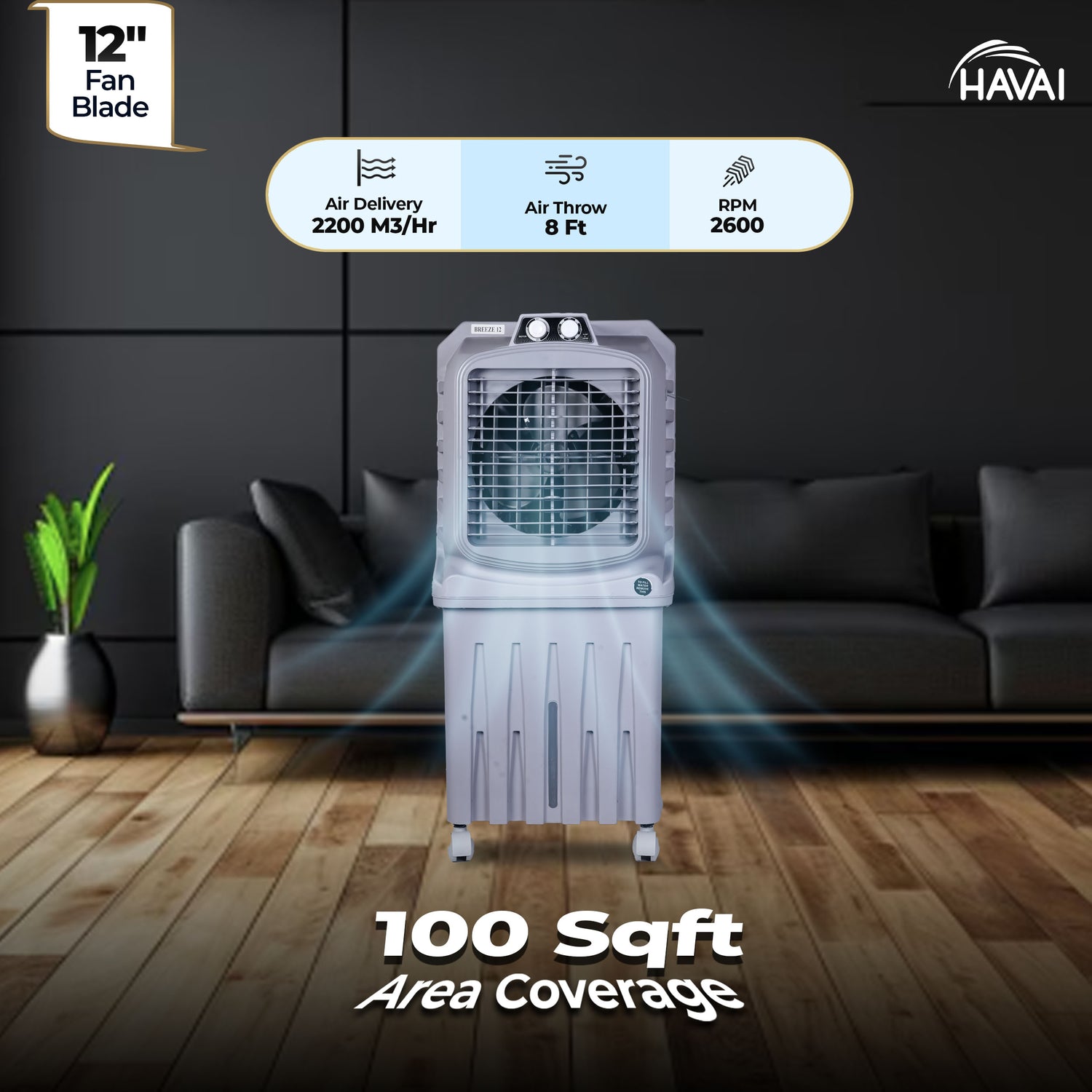 HAVAI Breeze-12 Personal Air Cooler | 50L Tank | 12″ Blade | Ideal for 100 sq ft Rooms | 98W Power | 8 ft Air Throw | 2600 RPM | Auto-Louver | 3-Speed | 1-Year On-Site Warranty (Grey)