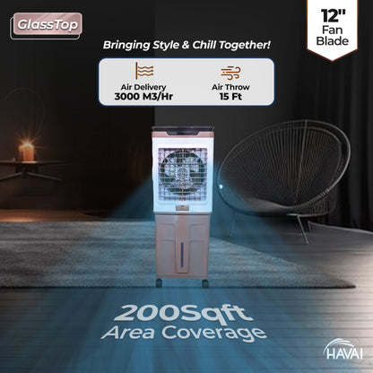 HAVAI Premium Glass Top GT 12+ | 12&quot; Fan Blade | 70 Litre Tank Capacity | 160W Power | 15ft Air Throw | 3-Side Honeycomb Cooling | Sleek Glass Top Design | 4 Castor Wheels