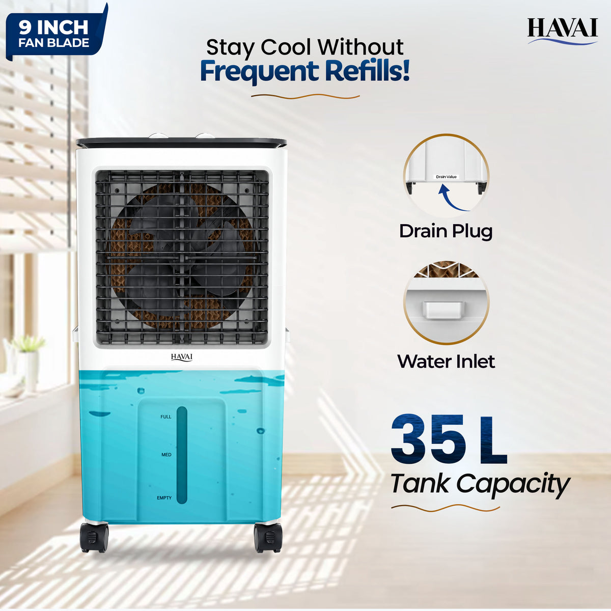 Havai Elite 9 Personal Air Cooler, 35L Tank, 3-Side Honeycomb, Glass Top 9-inch blade, 1800 CMH, 5-ft air throw, 75W power