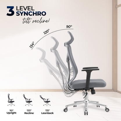 HAVAI Pulse High Back Ergonomic Mesh Office Chair |  Multi-Lock Tilt Mechanism | Chrome Base| Breathable Mesh Back | Fixed Headrest (Grey)
