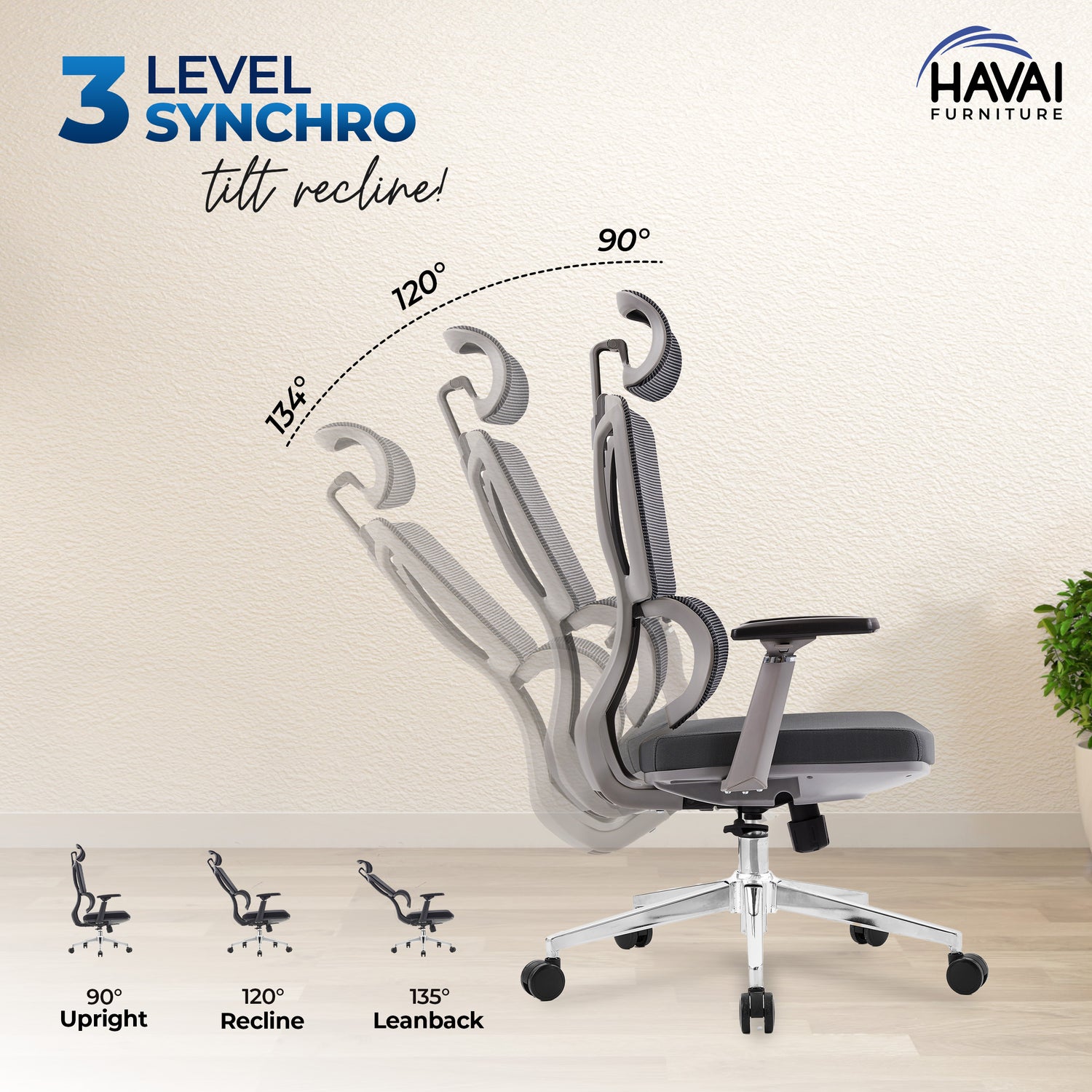 HAVAI Neo High Back Ergonomic Mesh Office Chair |  Multi-Lock Mechanism | Chrome Base | 3D Armrests with PU Pads  | Adjustable Headrest | Breathable Mesh Back (Grey)