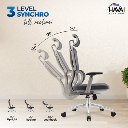 HAVAI Neo High Back Ergonomic Mesh Office Chair |  Multi-Lock Mechanism | Chrome Base | 3D Armrests with PU Pads  | Adjustable Headrest | Breathable Mesh Back (Grey)