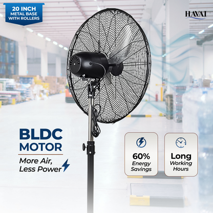 Havai 20-Inch Commercial BLDC Pedestal Fan (20–120W) | 2mm Aluminium Blades | Metal Base with 4 Lockable Industrial Wheels | Fingerproof Safety Grill | 4-Speed | 2-Year On-Site Warranty