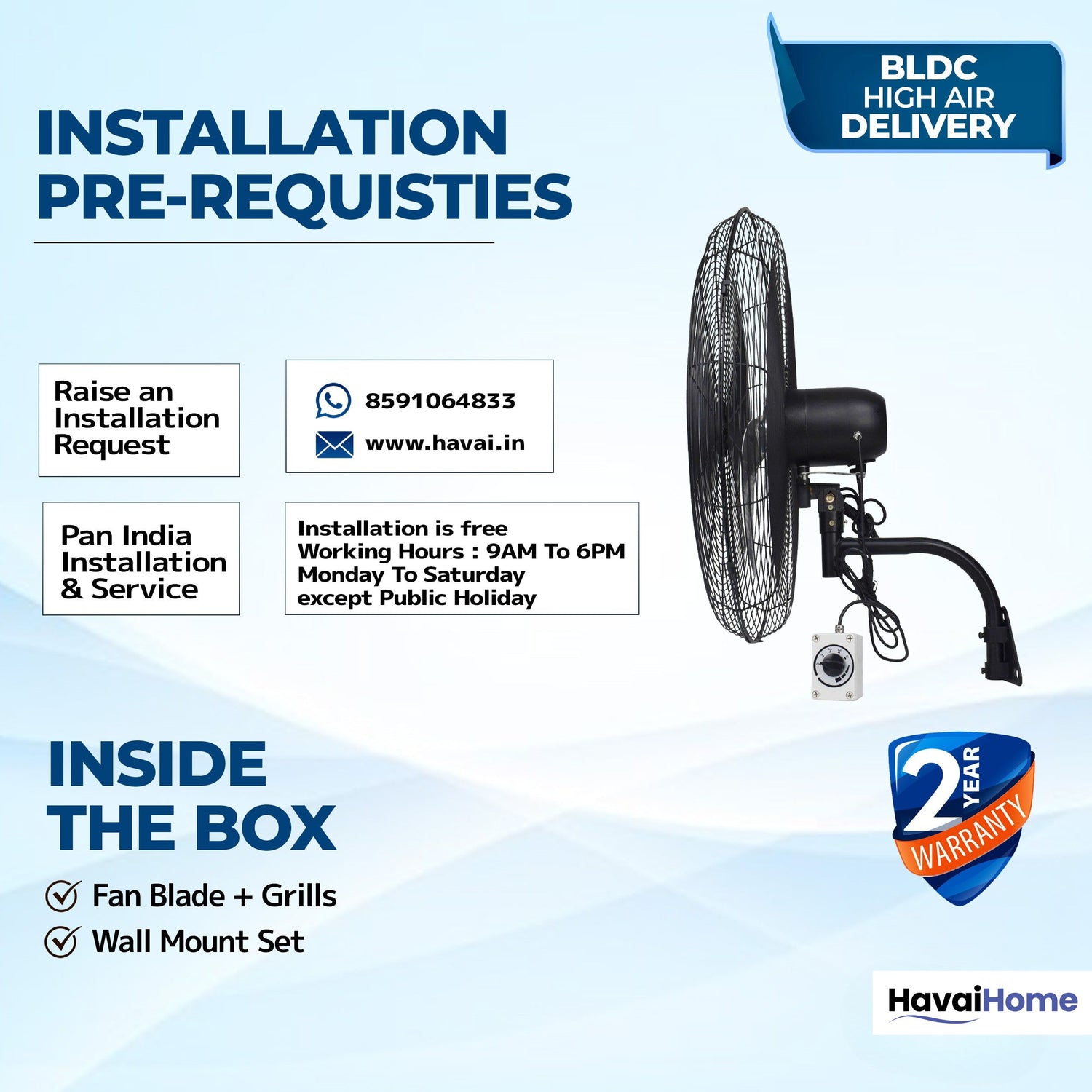 20" BLDC High-Speed Wall-Mount Fan – 3-Blade Design, Energy Efficient (20W-120W), 700-1400 RPM, 11,000 M³/Hr Airflow, 45-Foot Air Throw, 4-Speed Control, 2-Year Warranty