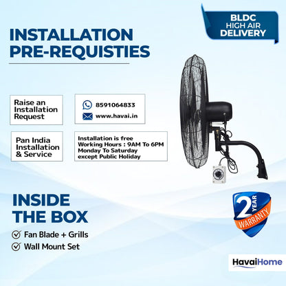 20" BLDC High-Speed Wall-Mount Fan – 3-Blade Design, Energy Efficient (20W-120W), 700-1400 RPM, 11,000 M³/Hr Airflow, 45-Foot Air Throw, 4-Speed Control, 2-Year Warranty
