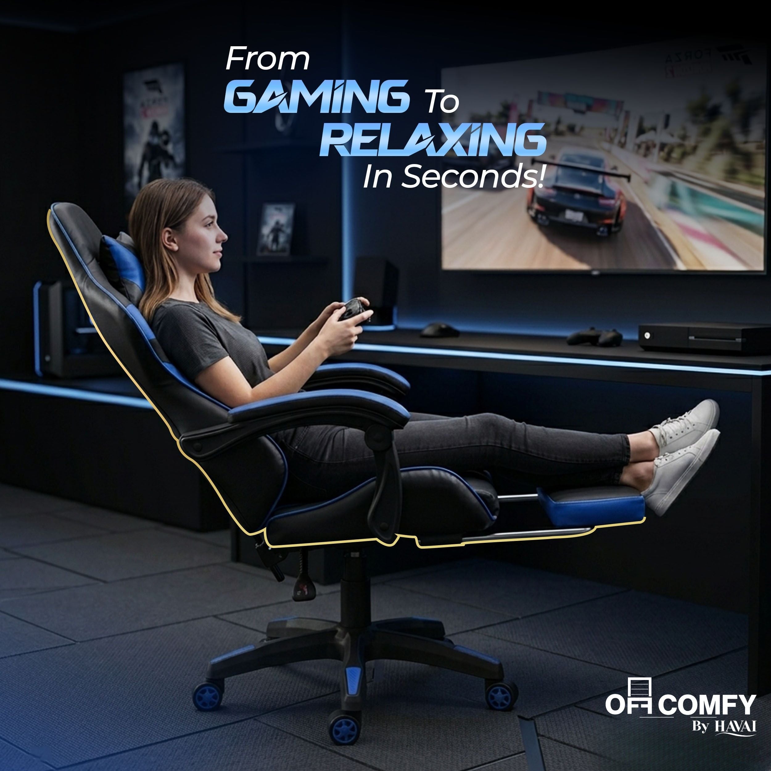 HAVAI Vortex BLUE Gaming Chair | Ergonomic High Back Computer Chair with Linkage Armrests | Reclining &amp; Folding Backrest | Premium 0.55mm PVC Upholstery | High Density Foam Cushion | Class 1 Gas Lift | 320mm Nylon Base | Heavy Duty Wheels | (Blue &amp; Black)
