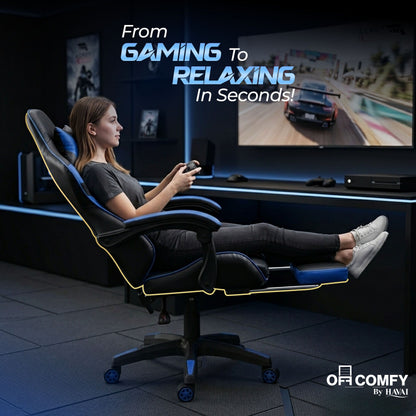 HAVAI Vortex BLUE Gaming Chair | Ergonomic High Back Computer Chair with Linkage Armrests | Reclining &amp; Folding Backrest | Premium 0.55mm PVC Upholstery | High Density Foam Cushion | Class 1 Gas Lift | 320mm Nylon Base | Heavy Duty Wheels | (Blue &amp; Black)