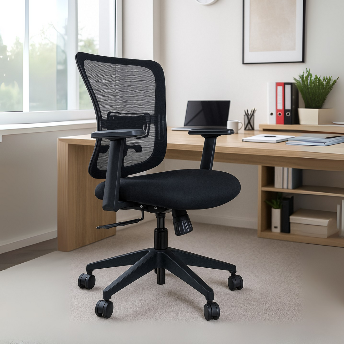 HAVAI Off-Comfy Alpha Black Ergonomic Office Chair | Yuva Mesh Back | Adjustable Lumbar Support | 1D Armrest with PP Pad | Synchro Tilt with Lock | Class 4 Gaslift | Nylon Base &amp; 60mm Castors