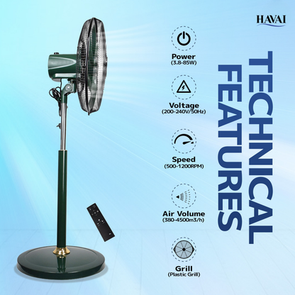 HAVAI BLDC 18" Pedestal Fan, Soundless, 50% Savings On Electricity, High Velocity,For Commercial And Residential Use, Assembly Included , Green - With Remote