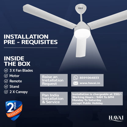 HAVAI Spinel BLDC Ceiling Fan 28W, 1200mm Blade with Remote - Pearl White,9W LED Light