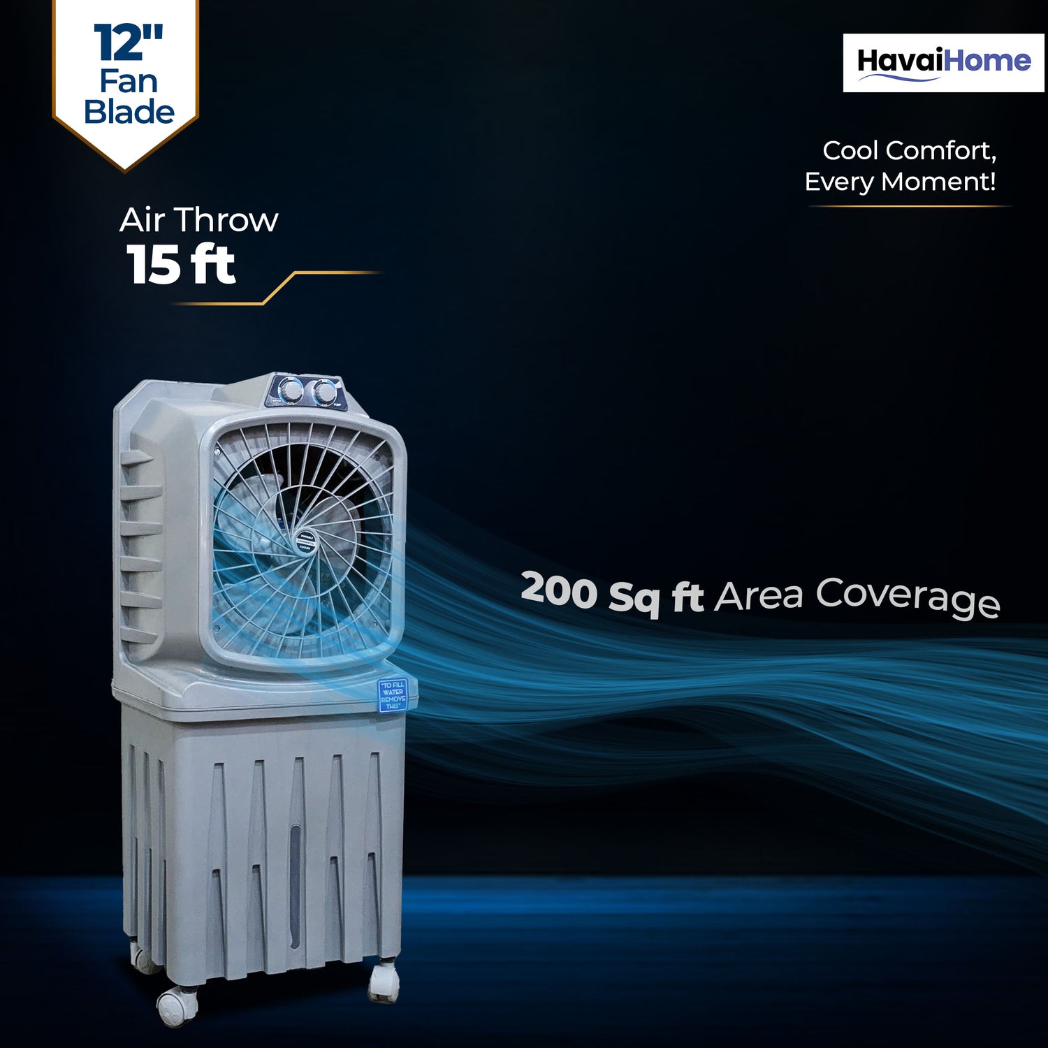 Mighty 12 Personal Air Cooler | 12 inch Blade | 50L Tank Capacity, 120W Power, 200 Sq. Ft. Area Coverage | 15 Ft. Air Throw, 3-Speed Control, Grey