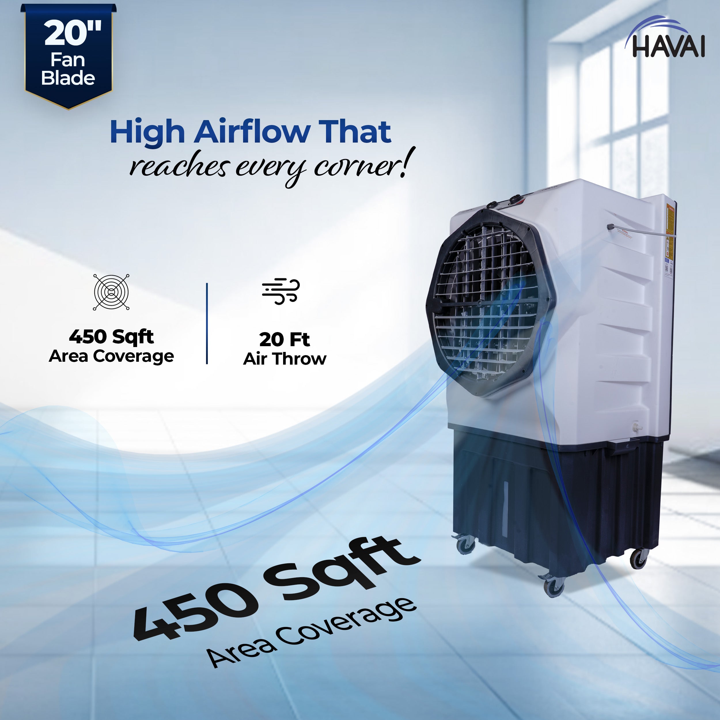 HAVAI Jumbo 20+ Desert Air Cooler for Home &amp; Commercial Use | 20 Inch Aluminium Fan, 150L Tank, 6190 m³/hr Air Delivery | Covers 450 Sq Ft | Honeycomb Pads, Auto Swing Louvers, Wheels | White &amp; Grey