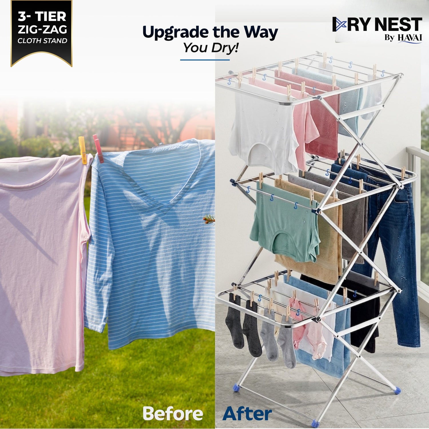 HAVAI DryNest 4.5 KG Heavy Duty Clothes Drying Stand | 40 KG Load Capacity | 3-Tier Zig-Zag Foldable Stainless Steel Airer | Rust Resistant Laundry Rack for Balcony, Indoor &amp; Outdoor Use