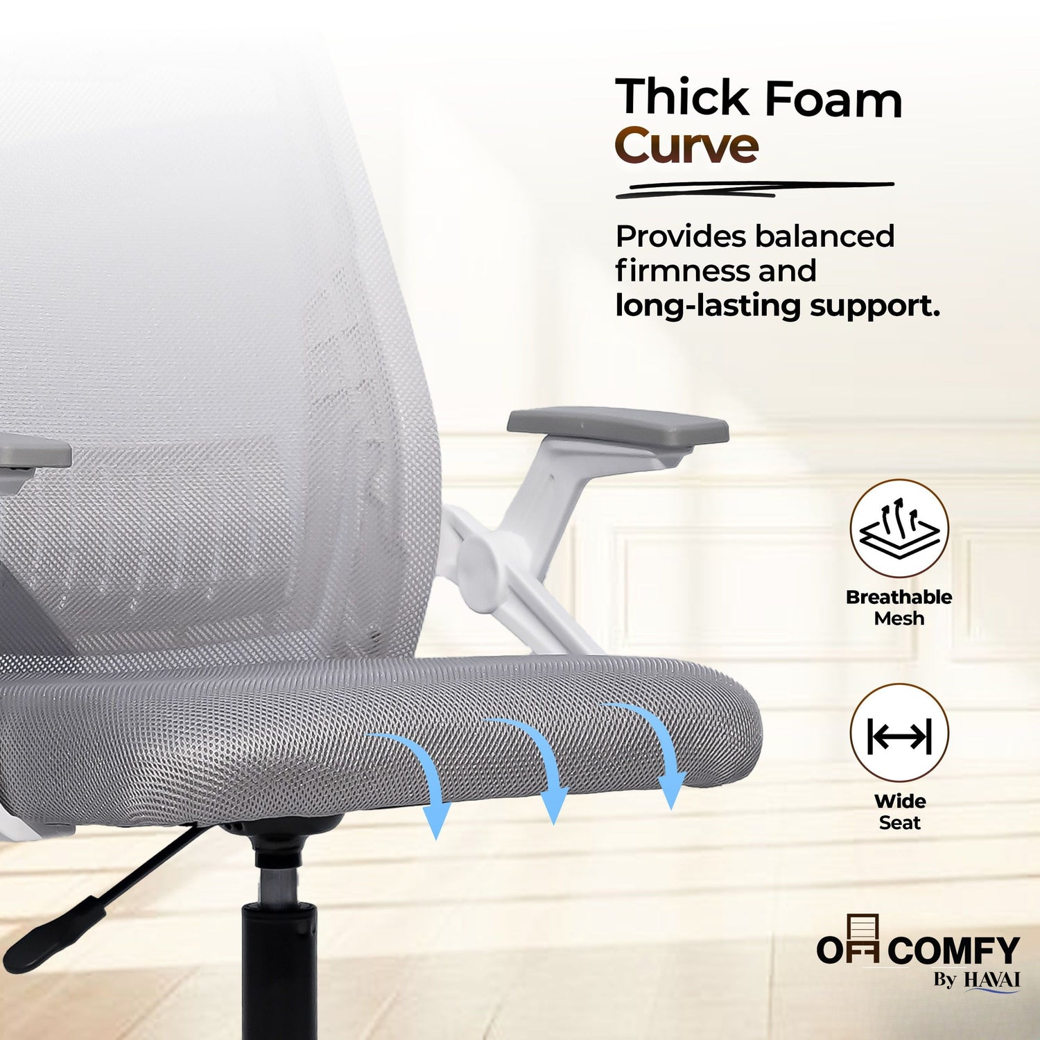 HAVAI Airon Ergonomic Office Chair with Mesh Back | Executive Computer Chair with Reclining &amp; Folding Function | Nylon Armrests | Class 2 Gas Lift | Plywood Base Support | Grey Seat | WFH &amp; Office Use | (Grey)