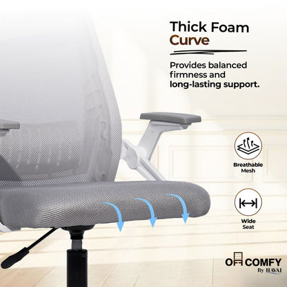 HAVAI Airon Ergonomic Office Chair with Mesh Back | Executive Computer Chair with Reclining &amp; Folding Function | Nylon Armrests | Class 2 Gas Lift | Plywood Base Support | Grey Seat | WFH &amp; Office Use | (Grey)