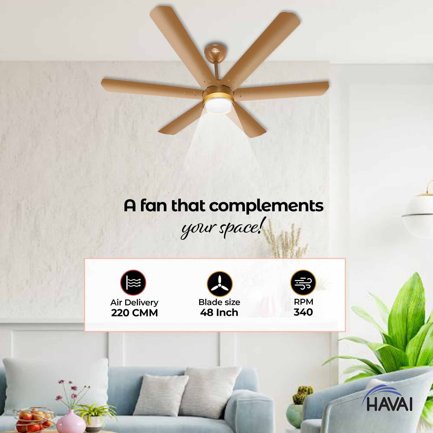 HAVAI Spinel BLDC Ceiling Fan with Decorative Ring | 1200mm, 6 Blades, 25W | Remote Control &amp; 9W LED Light | 2 Years Warranty | Champagne Yellow