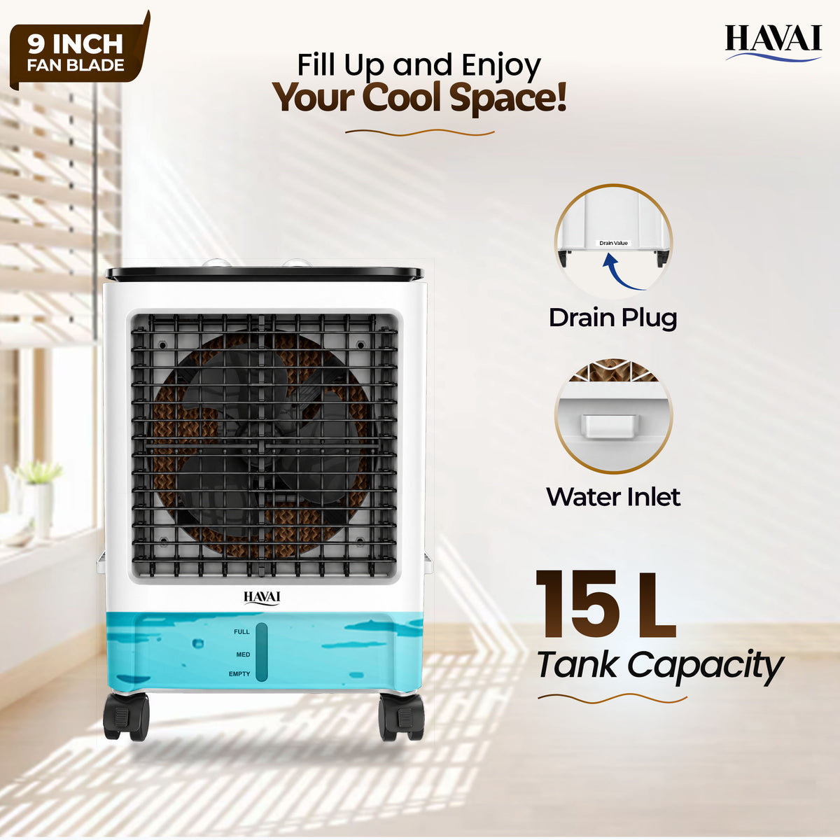 Havai Elite 9 Mini Personal Air Cooler, 15L Tank, 2600 RPM, 1800 CMH, 5-ft air throw, 3-side honeycomb pads, glass top, lockable wheels