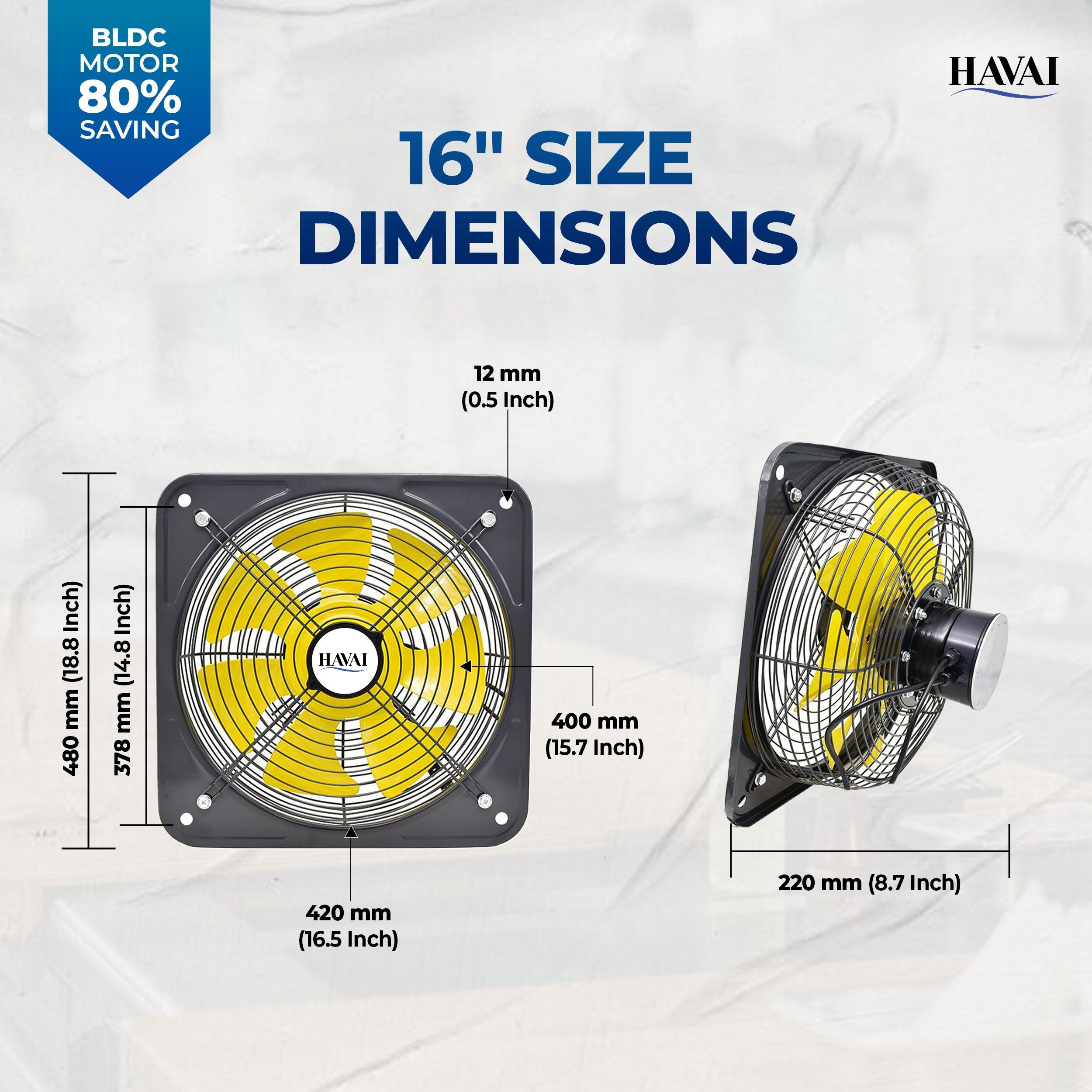 HAVAI BLDC Exhaust Fan | Power : 10W - 220W | Speed: 450-2800 RPM | Air Volume: 200-6000 m³/h | 1-Year Warranty | Stepless Speed Control | Metal Frame Included | Soundless (16-Inch Blade)
