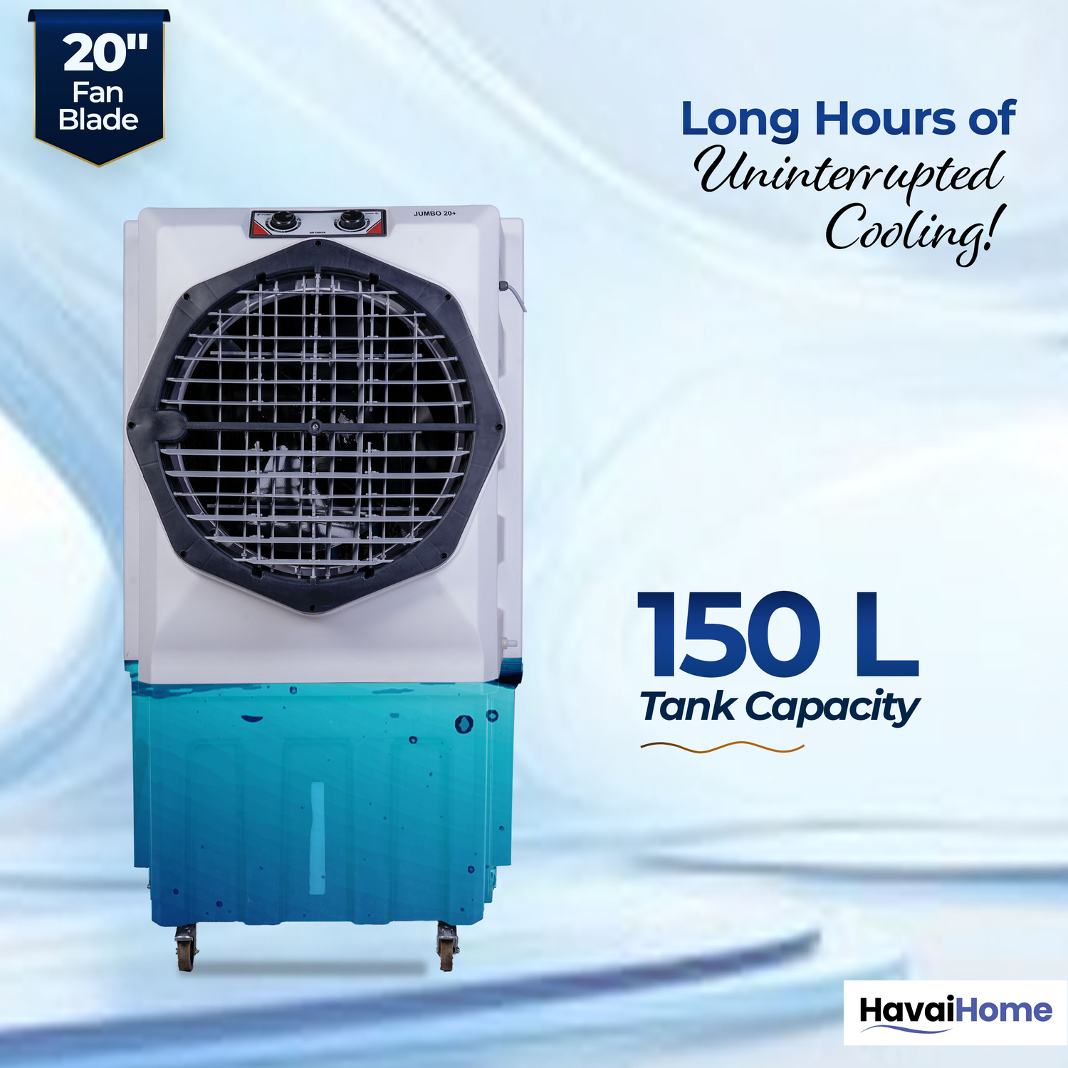 HAVAI Jumbo 20+ Desert Air Cooler for Home &amp; Commercial Use | 20 Inch Aluminium Fan, 150L Tank, 6190 m³/hr Air Delivery | Covers 450 Sq Ft | Honeycomb Pads, Auto Swing Louvers, Wheels | White &amp; Grey