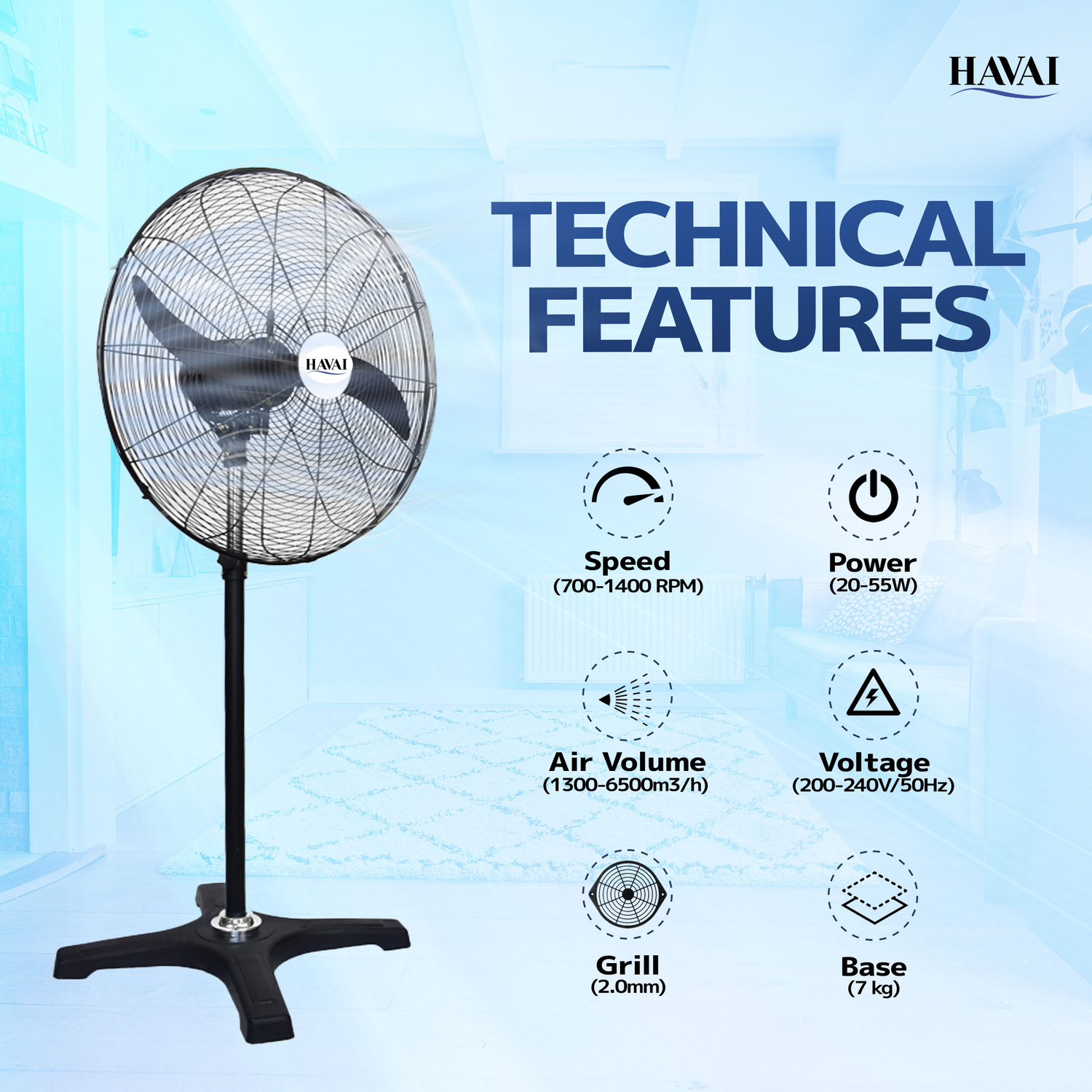 HAVAI BLDC Pedestal Fan 20 Inch, 50% Savings On Electricity, High Velocity, Heavy Duty Metal For Industrial, Commercial And Residential Use, Assembly Included , Black