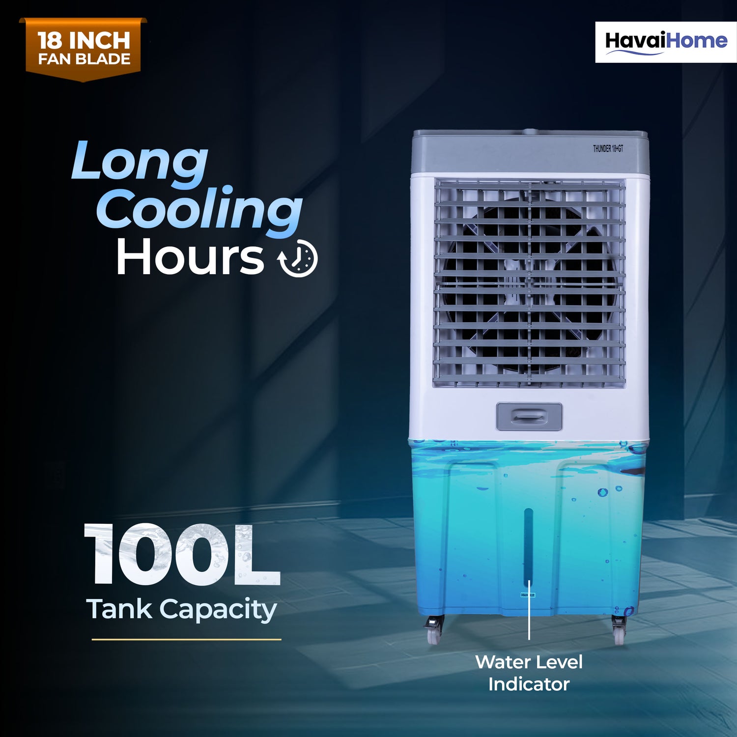 HAVAI Thunder 18+ GT Desert Cooler | 18” Aluminium Blade | 100L Tank | 3-Side Honeycomb Pads | 20 Ft Air Throw | Heavy-Duty 110mm Motor | Auto Swing | White &amp; Grey