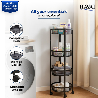 Havai 4 Tier Collapsible Storage Rack Trolley | Portable Mesh Basket Organizer with Wheels | Foldable Kitchen, Bathroom &amp; Bedroom Utility Cart for Home – Black