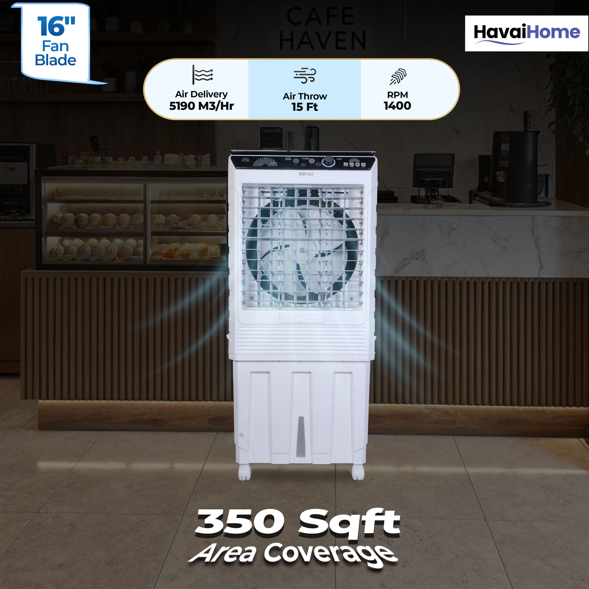 HAVAI Mighty 16 GT Glass Top Desert Air Cooler for Home &amp; Commercial Use | 16 Inch Fan, 100L Tank, 5190 m³/hr Air Delivery | 350 Sq Ft Coverage | Honeycomb Pads, Aluminium Motor, Low Noise | White &amp; Grey