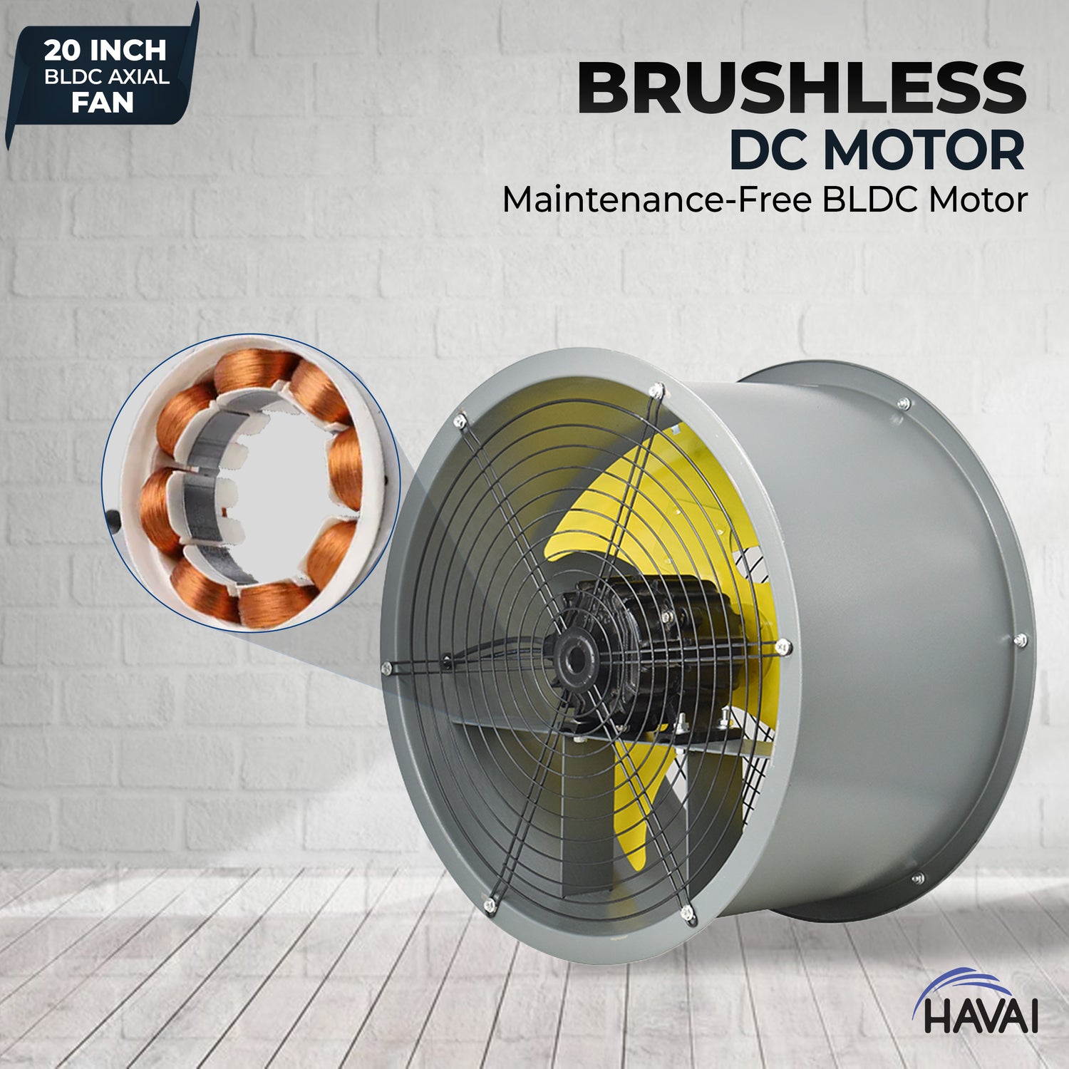 HAVAI 20-Inch Heavy Duty BLDC Axial Fan | Maintenance-Free BLDC Motor | 4-Leaf 2mm Aluminium Blades | 9-Speed Digital Controller | 600–13,000 m³/hr | 35W–350W | 2-Year Warranty