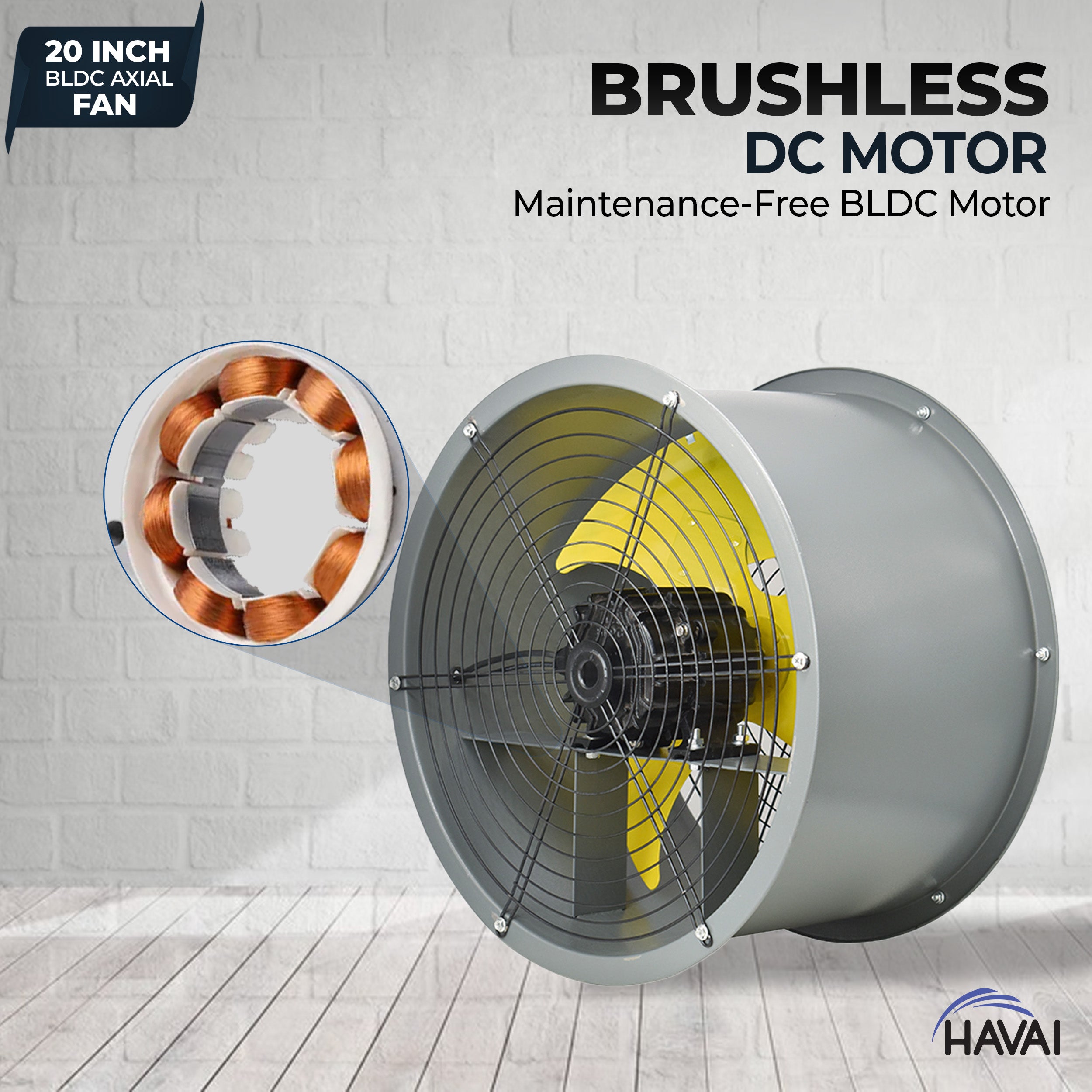 HAVAI 20-Inch Heavy Duty BLDC Axial Fan | Maintenance-Free BLDC Motor | 4-Leaf 2mm Aluminium Blades | 9-Speed Digital Controller | 600–13,000 m³/hr | 35W–350W | 2-Year Warranty