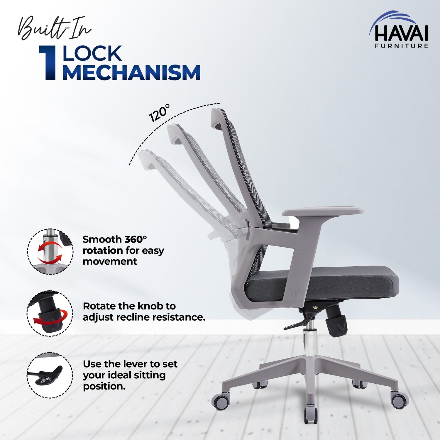 HAVAI Ergolite Mid Back Ergonomic Mesh Office Chair |  One Lock Tilt Mechanism | Fixed Armrests | Nylon Base |  Breathable Mesh Back (Grey)