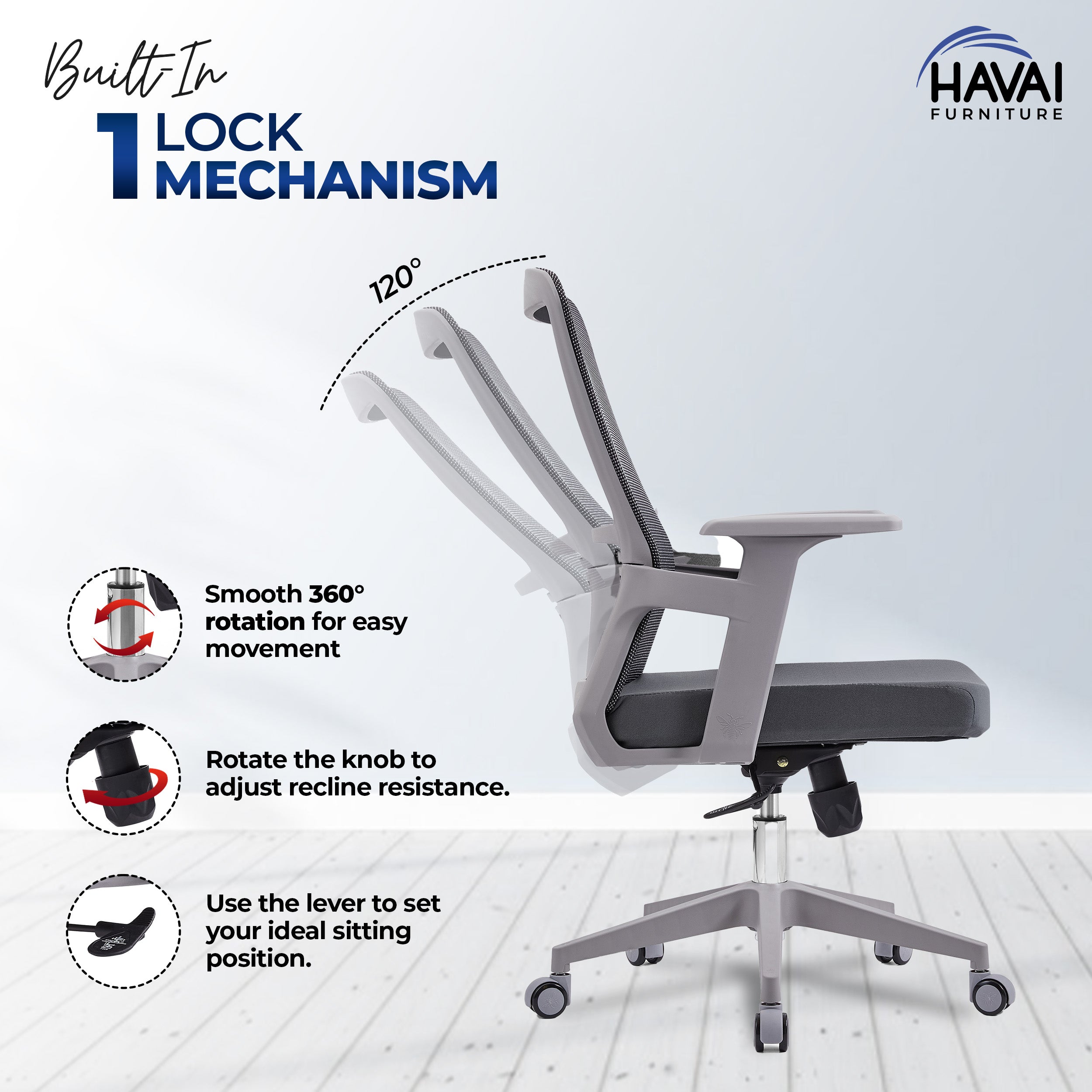 HAVAI Ergolite Mid Back Ergonomic Mesh Office Chair |  One Lock Tilt Mechanism | Fixed Armrests | Nylon Base |  Breathable Mesh Back (Grey)