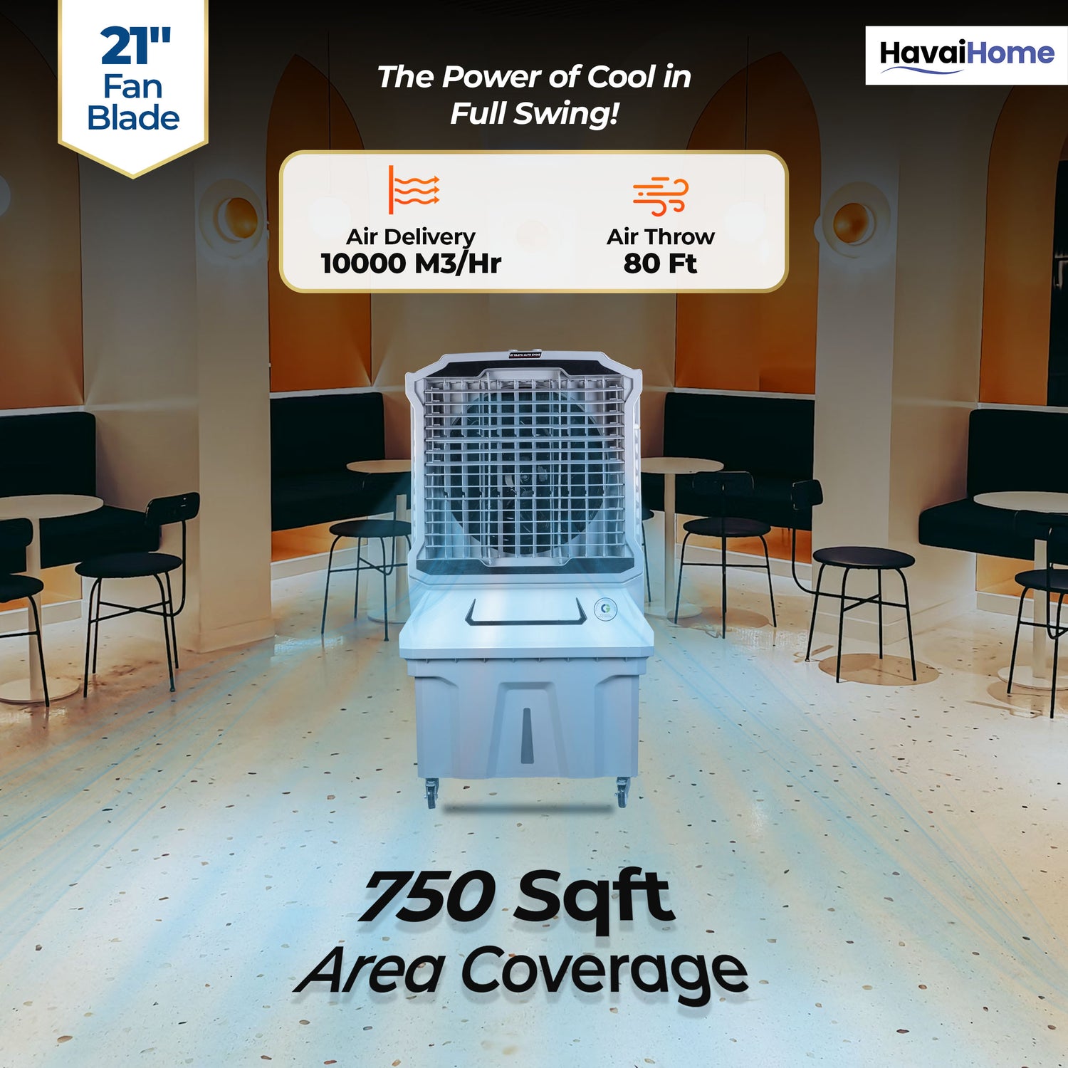 Cyclone Desert Air Cooler | 21" Fan Blade | 150L Tank Capacity | 330W High-Performance Cooling | 750 Sq. Ft. Coverage | Auto Swing | Back Honeycomb Pads | Lockable Wheels | White &amp; Grey