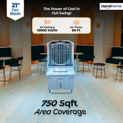 Cyclone Desert Air Cooler | 21" Fan Blade | 150L Tank Capacity | 330W High-Performance Cooling | 750 Sq. Ft. Coverage | Auto Swing | Back Honeycomb Pads | Lockable Wheels | White &amp; Grey