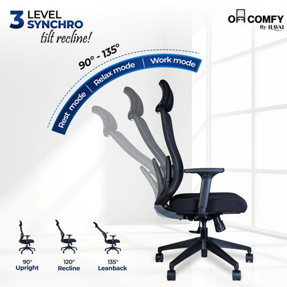 Off Comfy by HAVAI - Bolt Black Ergonomic Office Chair |  Yuva Mesh Back | 4D Arms with PU Pad | 1D Lumbar Support |  Auto Weight Mechanism with 4-Point Lock | Seat Slider | Crystal Chrome Base | 60mm Castors