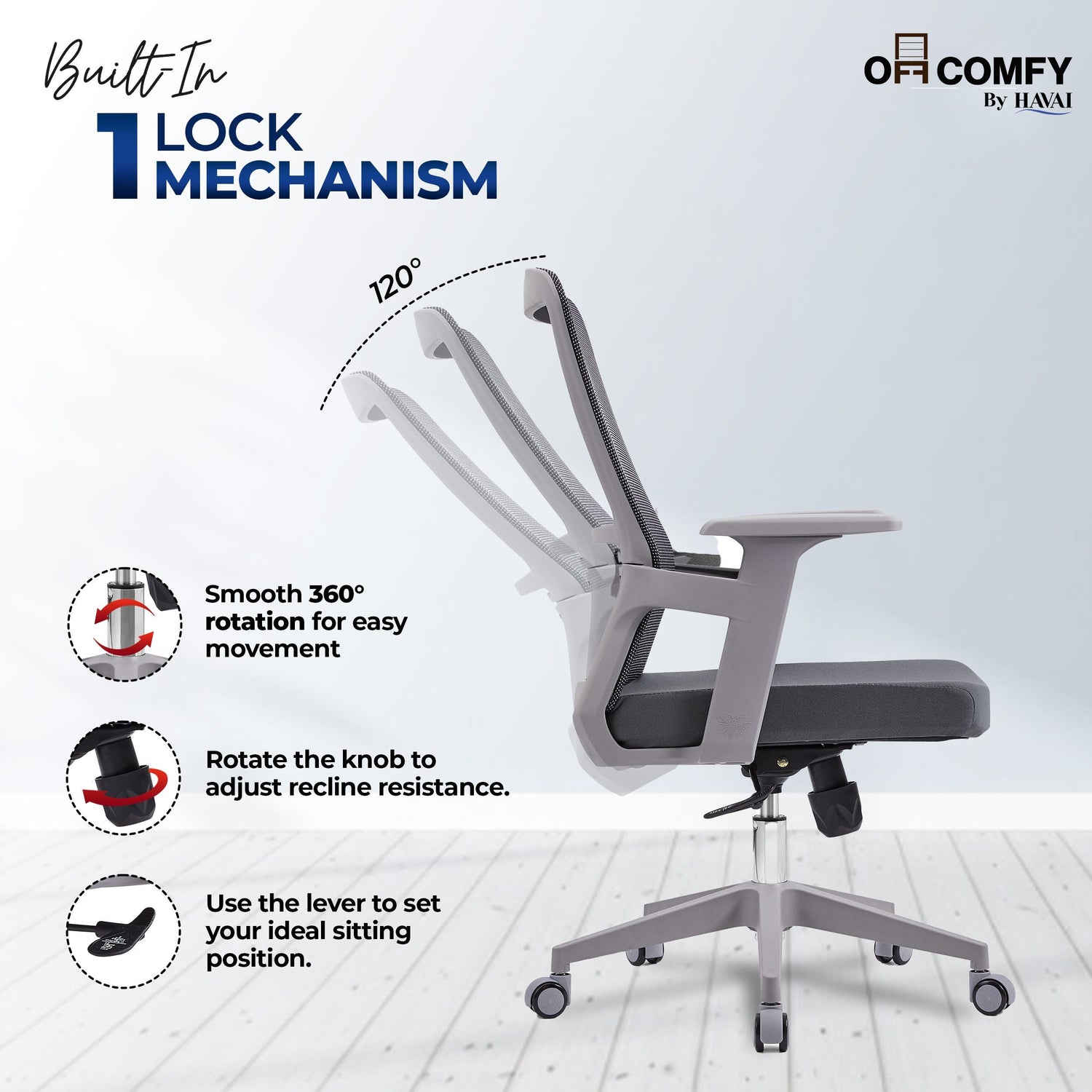 HAVAI Ergolite Mid Back Ergonomic Mesh Office Chair |  One Lock Tilt Mechanism | Fixed Armrests | Nylon Base |  Breathable Mesh Back (Grey)