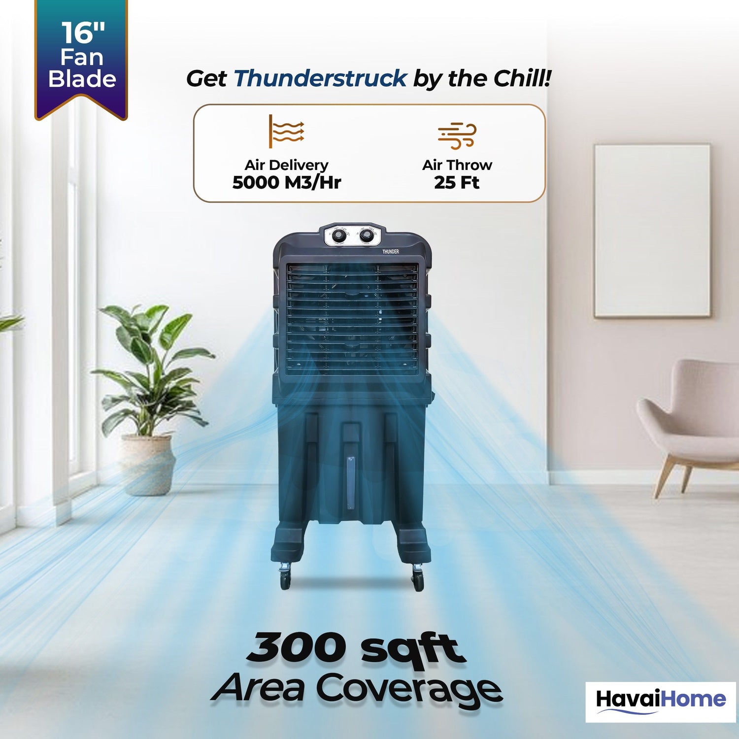 Thunder 85 Desert Cooler – 85L, 16-Inch Aluminum Blade, Single Side Thick Honeycomb, 300 sq. ft. Coverage, Powerful Air Throw &amp; Delivery