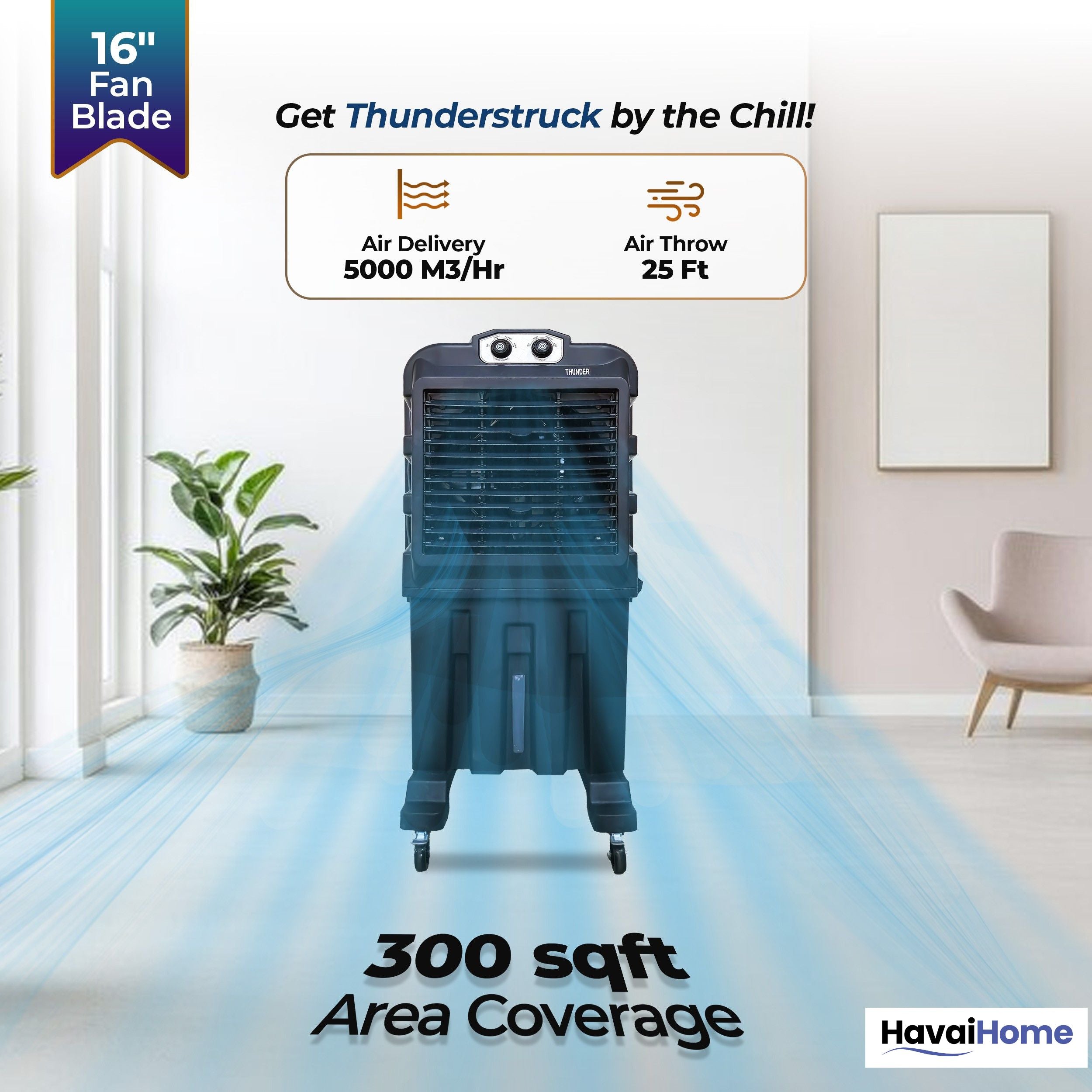 Thunder 85 Desert Cooler – 85L, 16-Inch Aluminum Blade, Single Side Thick Honeycomb, 300 sq. ft. Coverage, Powerful Air Throw &amp; Delivery