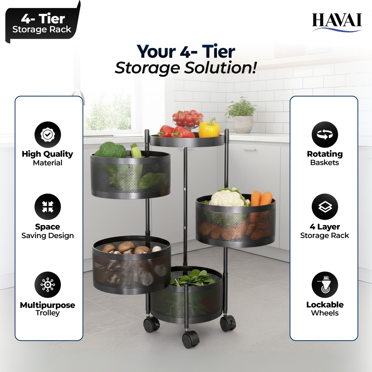 Havai 4 Tier Round Rolling Kitchen Storage Rack | Sturdy Metal Frame | Space-Saving Utility Shelf – Black