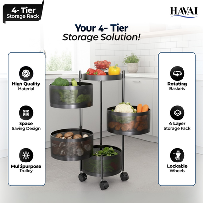 Havai 4 Tier Round Rolling Kitchen Storage Rack | Sturdy Metal Frame | Space-Saving Utility Shelf – Black