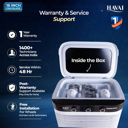 HAVAI Arizona 16 GT Desert Air Cooler | 80L Tank | 16” Aerodynamic Fan | 3-Side Thick Honeycomb | Glass Top with Ice Chamber | Smart Dust-Filter Inlet | 5 Castors | 3300 m³/hr | 1 Year On-Site Warranty