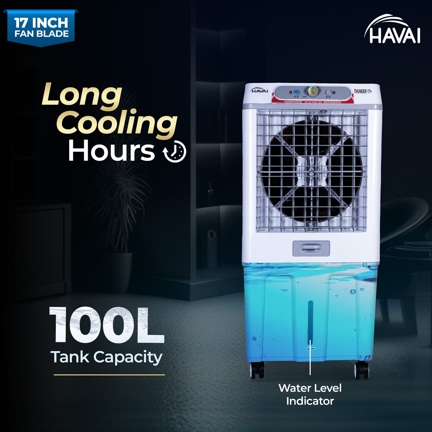 HAVAI Thunder 17+ Desert Cooler | 100L Tank | 17-Inch Fan Blade | 3-Side Honeycomb Pads | Heavy-Duty 110 Dia 32mm Motor | Auto Swing | 1-Year Motor Warranty &amp; Post-Warranty Service | White &amp; Brown